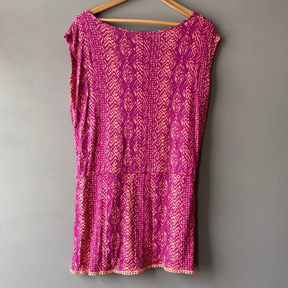 LASCANA Pink Orange Ikat Print Beach Cover Up‎ Dress Tunic Keyhole Tie Waist